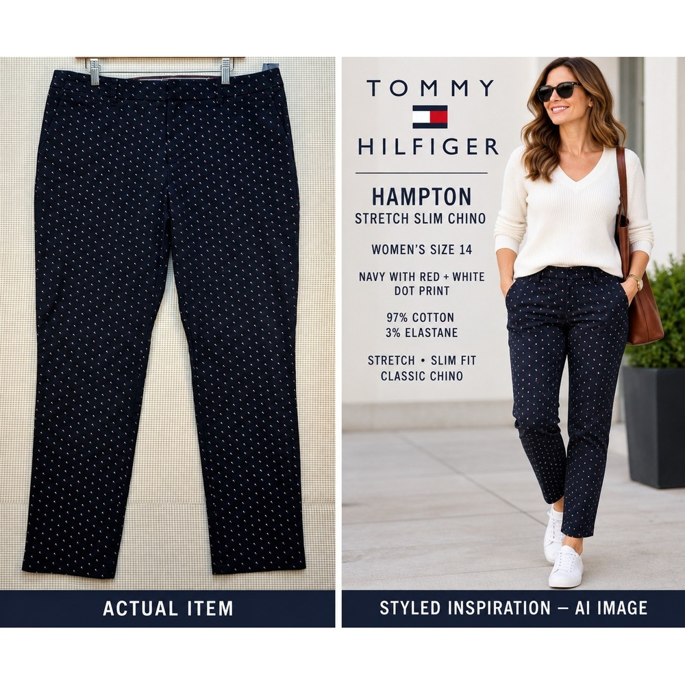 Tommy Hilfiger Hampton Slim Chino Pants Women's 14 Navy Red White Polka Dot Prep